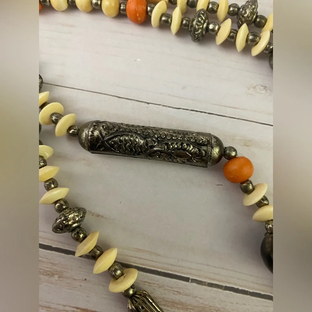 Vintage Chunky Metal Beaded Boho Double Strand Necklace Tadpole Floral Beads